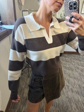 Love Tree Brown & Cream Striped V-Neck Cropped Sweater